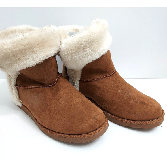 Boots Size 8 1/3 M SO Suede Ankle Boot Womens Winter Brown Faux Fur Lined Flats - Picture 2 of 5